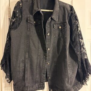 Black Denim Jacket with Lace Sleeves
